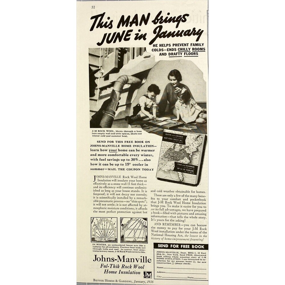 Johns-Manville FulThik Rock Wool Home Insulation "June in January" Print Ad 1936